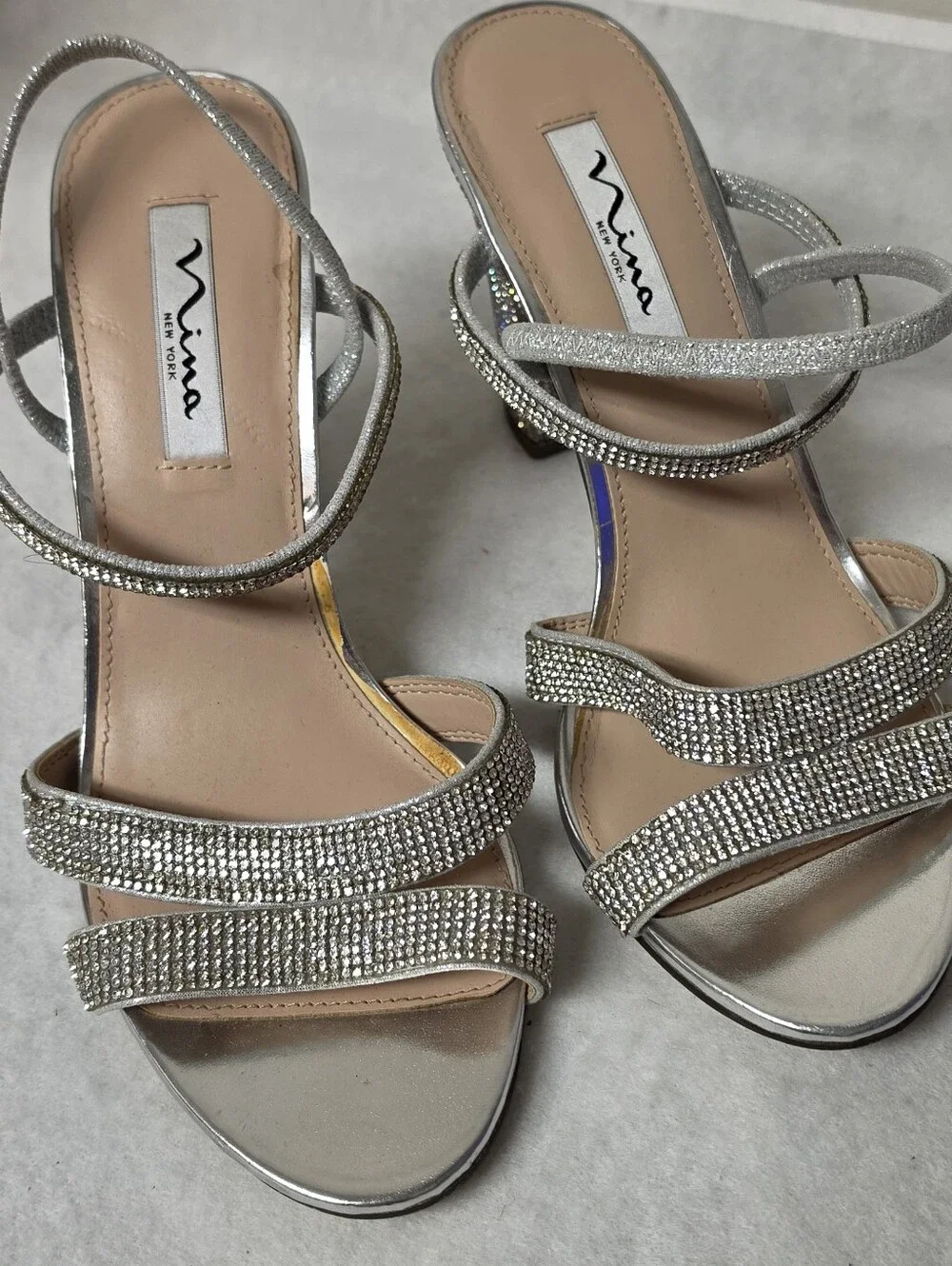 Nina Shoes Silver Crystal Block Heel Sandals